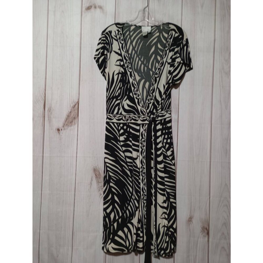 Donna Morgan‎ Dress Ladies 12 Ivory Black Fern Faux Wrap Midi Comfortable